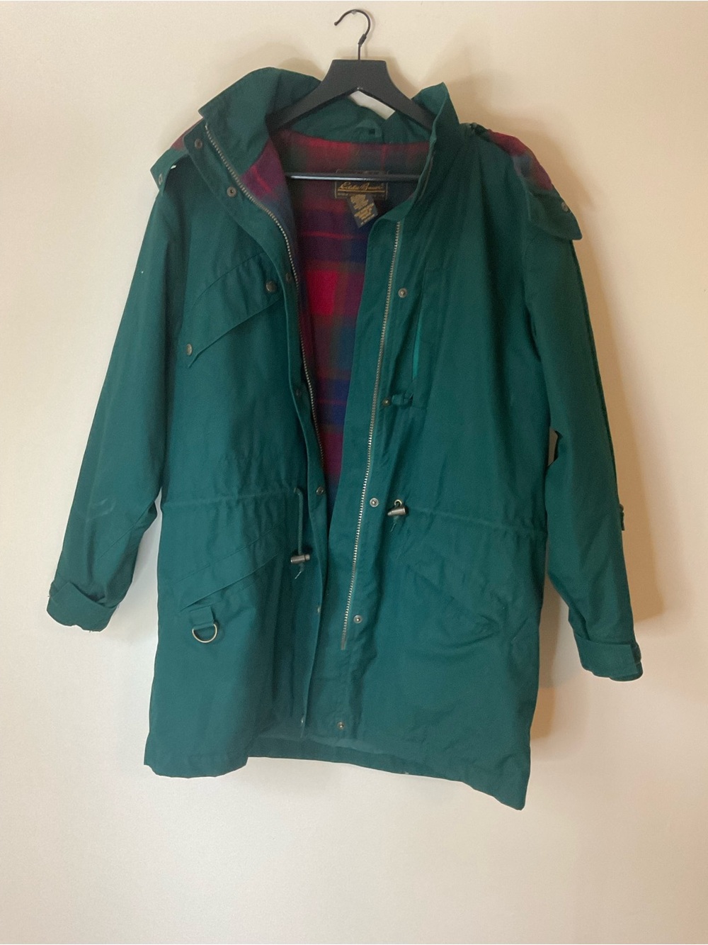 Eddie Bauer Teal Hooded Trench Coat with Plaid Lining